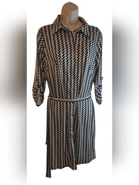 NY Collection Black and White Abstract Dot-Stripe Dress